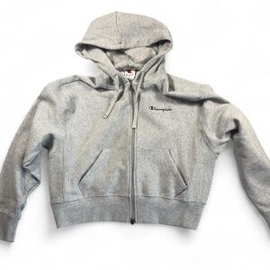 Champion Gray Cropped Full Zip Hoodie Fleece Lined Streetwear Athleisure S Cozy